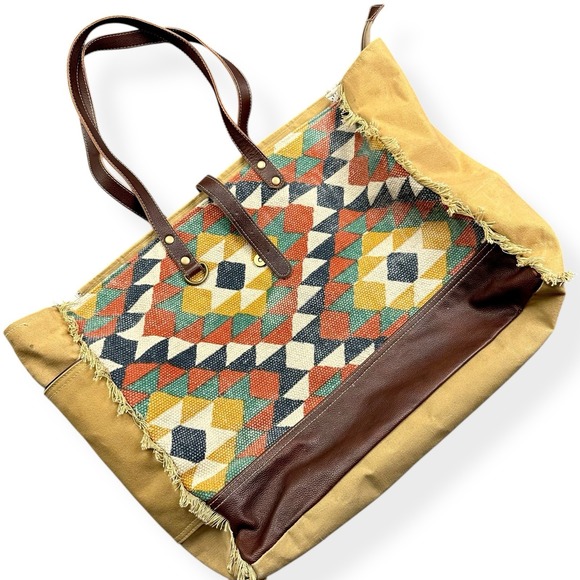 Myra Bag Aztec Duffel Tote Canvas Weekender Western Travel Bag Leather Southwest - Picture 2 of 16